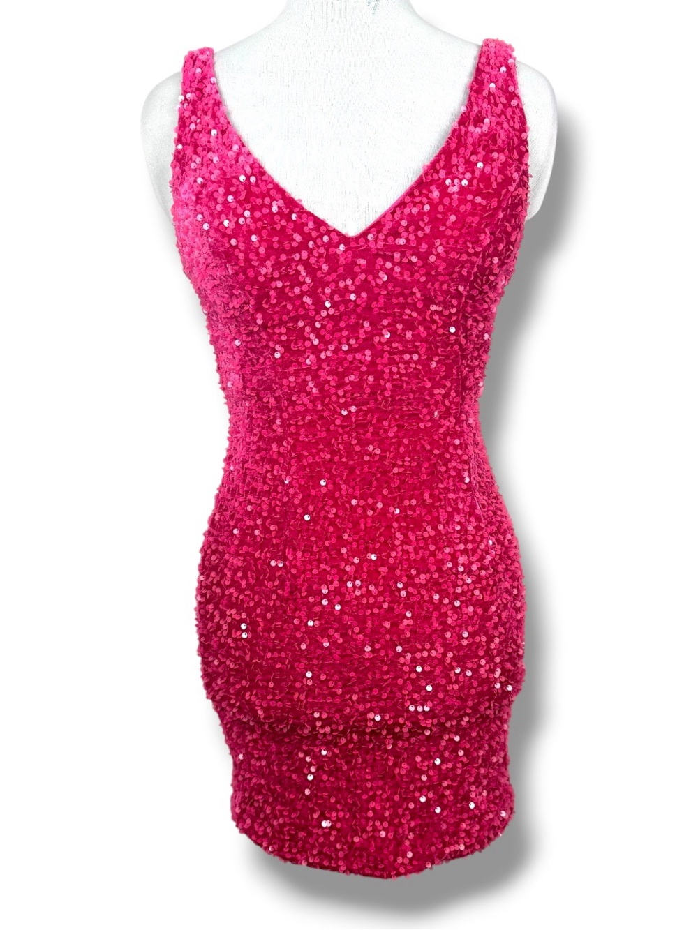 Hot Pink Sequin Bodycon Mini Dress V-Neck Party Club Dress Size 2